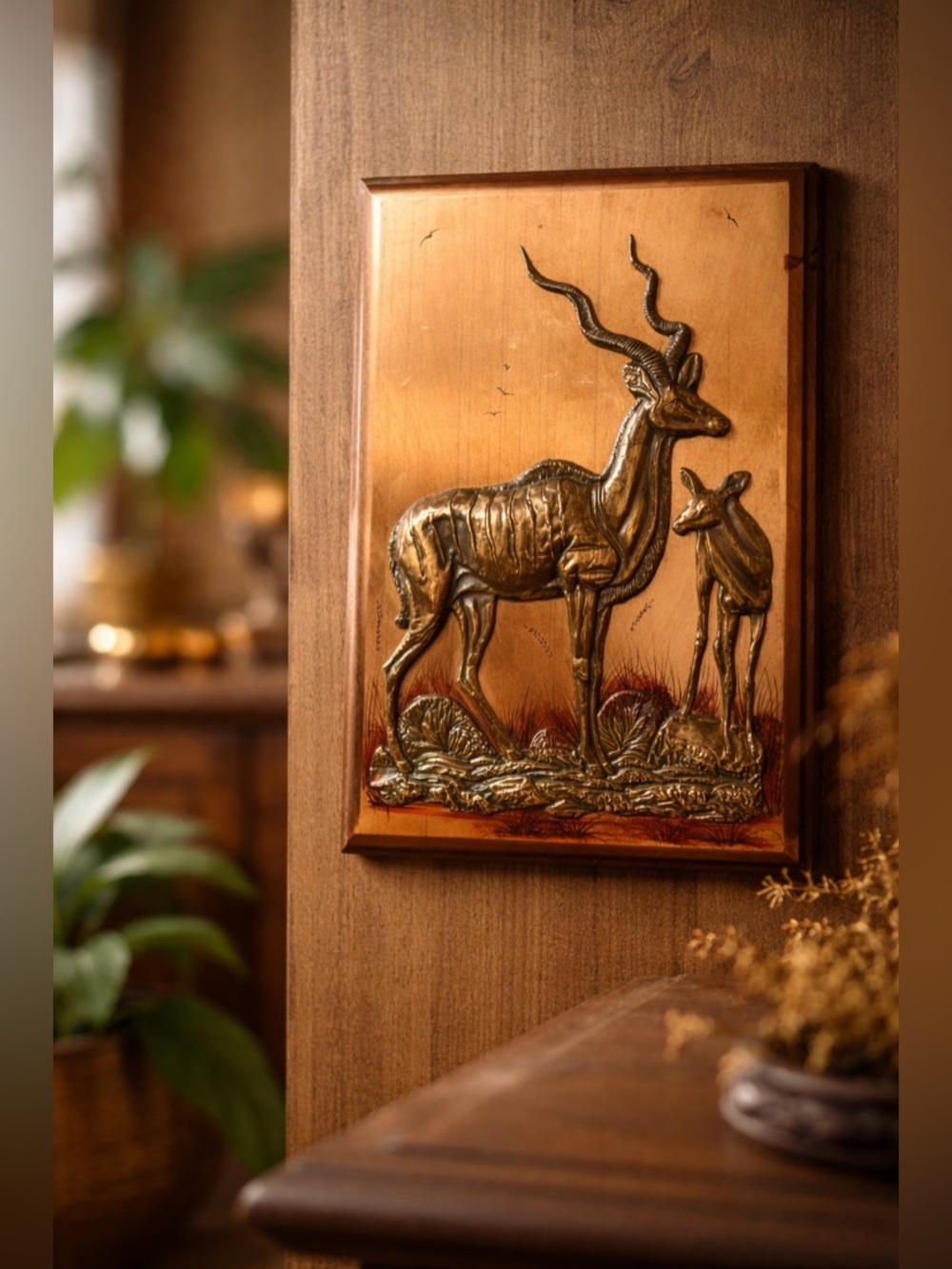 Vintage African Pure Copper Wall Art Panel • Antelope & Calf Relief • Collector
